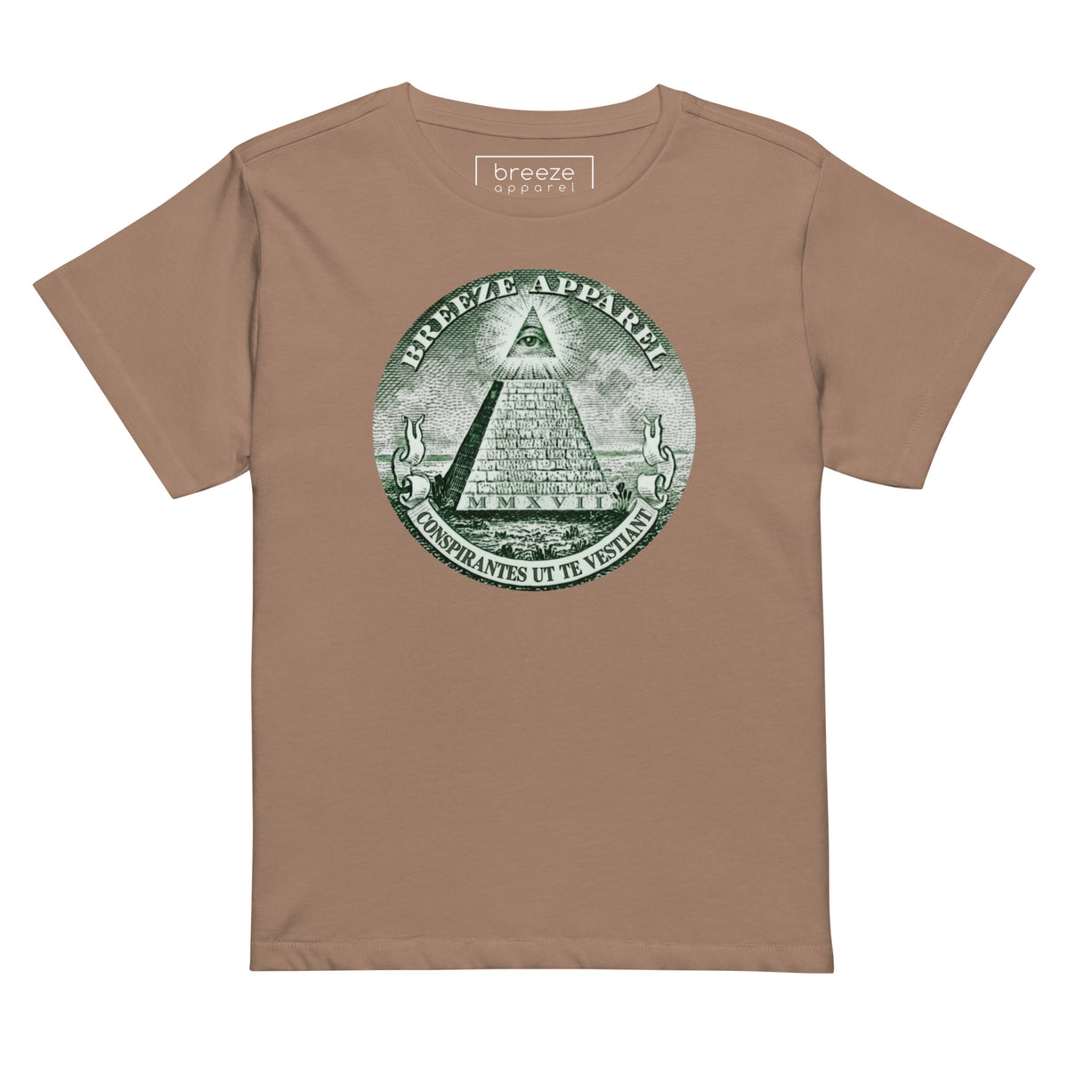Brown t-shirt with graphic resembling pyramid on US one-dollar bill.