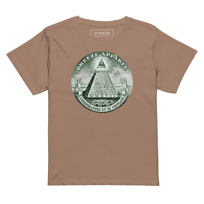 Brown t-shirt with graphic resembling pyramid on US one-dollar bill.
