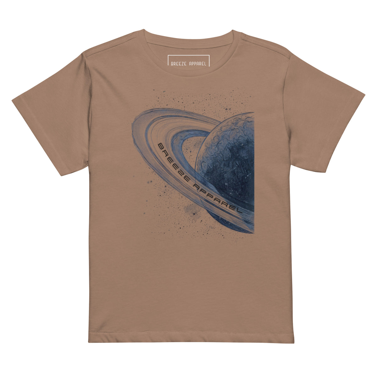 Brown t-shirt with graphic of blue planet.