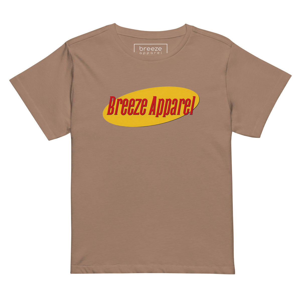 Brown t-shirt with red lettering over yellow oval.