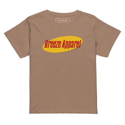 Brown t-shirt with red lettering over yellow oval.
