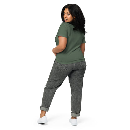 Rear view of woman wearing a pine-green t-shirt