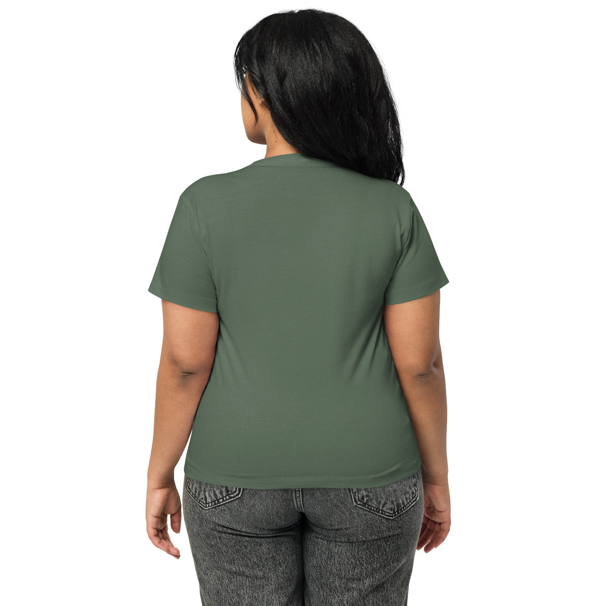 Rear view of woman wearing a pine-green t-shirt