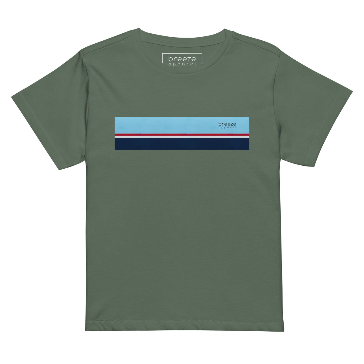 Pine-green t-shirt with horizontal blue, red, white, and navy stripe with small black 'breeze apparel' logo.