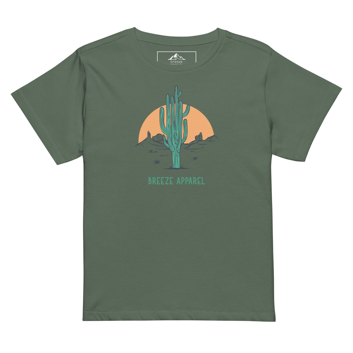 Pine-green t-shirt with a graphic of a cactus and sunset, with 'Breeze Apparel' written in green below.