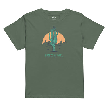 Pine-green t-shirt with a graphic of a cactus and sunset, with 'Breeze Apparel' written in green below.