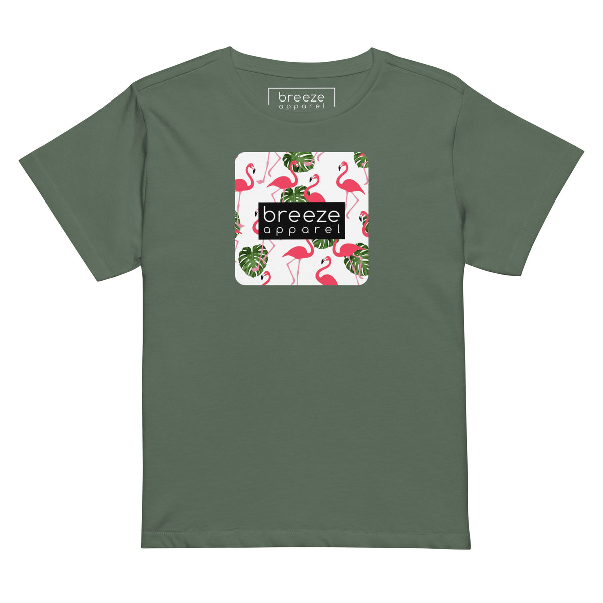 Pine-green t-shirt with pattern of flamingos inside of a square, overlaid with a black box with 'breeze apparel' in white inside.