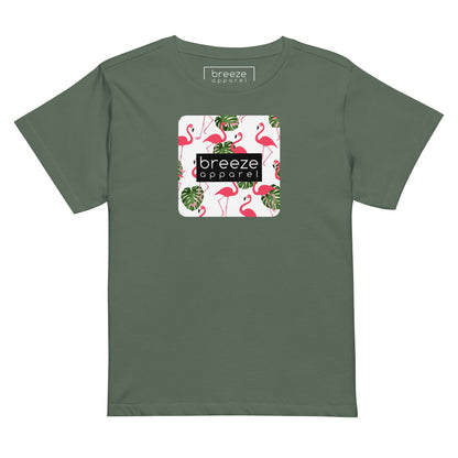 Pine-green t-shirt with pattern of flamingos inside of a square, overlaid with a black box with 'breeze apparel' in white inside.