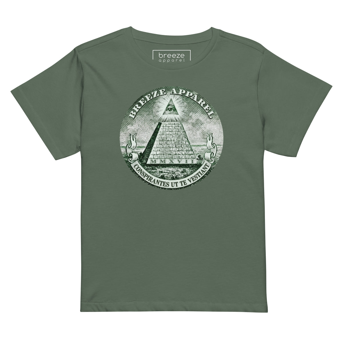 Green t-shirt with graphic resembling pyramid on US one-dollar bill.