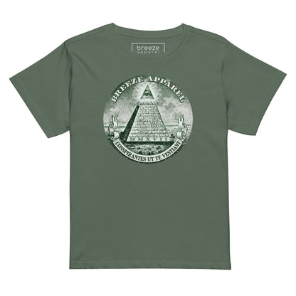 Green t-shirt with graphic resembling pyramid on US one-dollar bill.