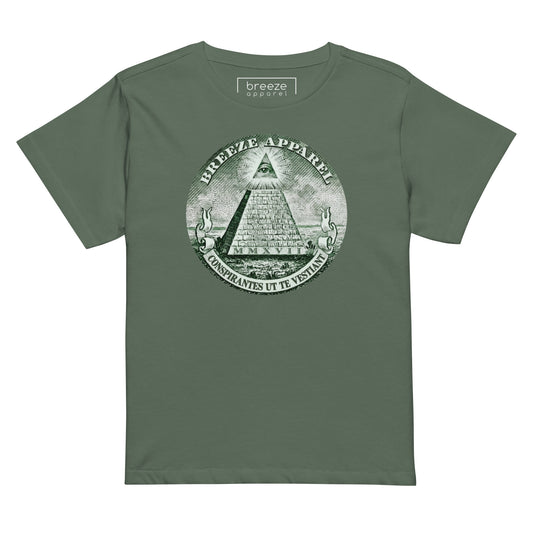 Green t-shirt with graphic resembling pyramid on US one-dollar bill.