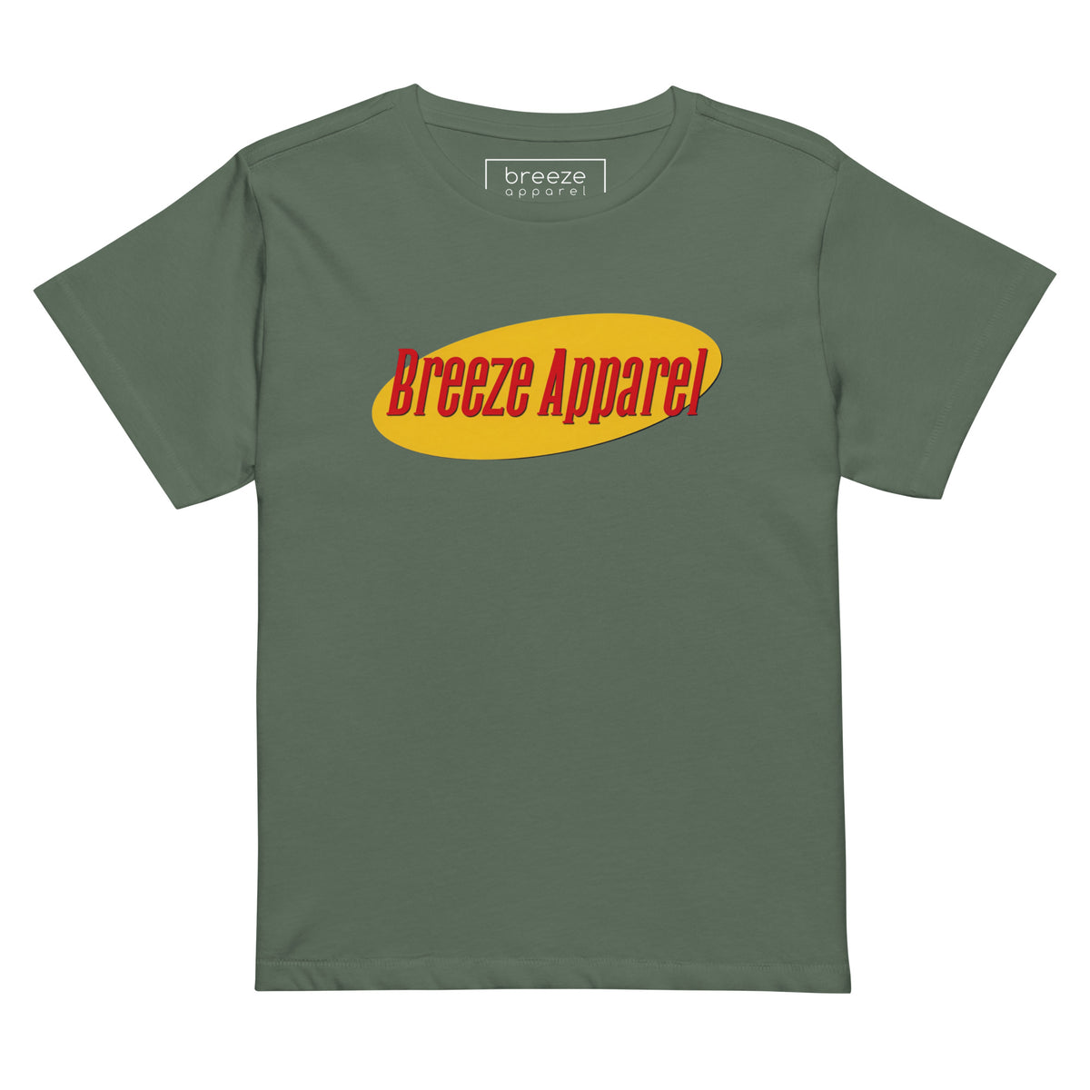 Green t-shirt with red lettering over yellow oval.