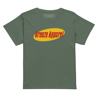 Green t-shirt with red lettering over yellow oval.