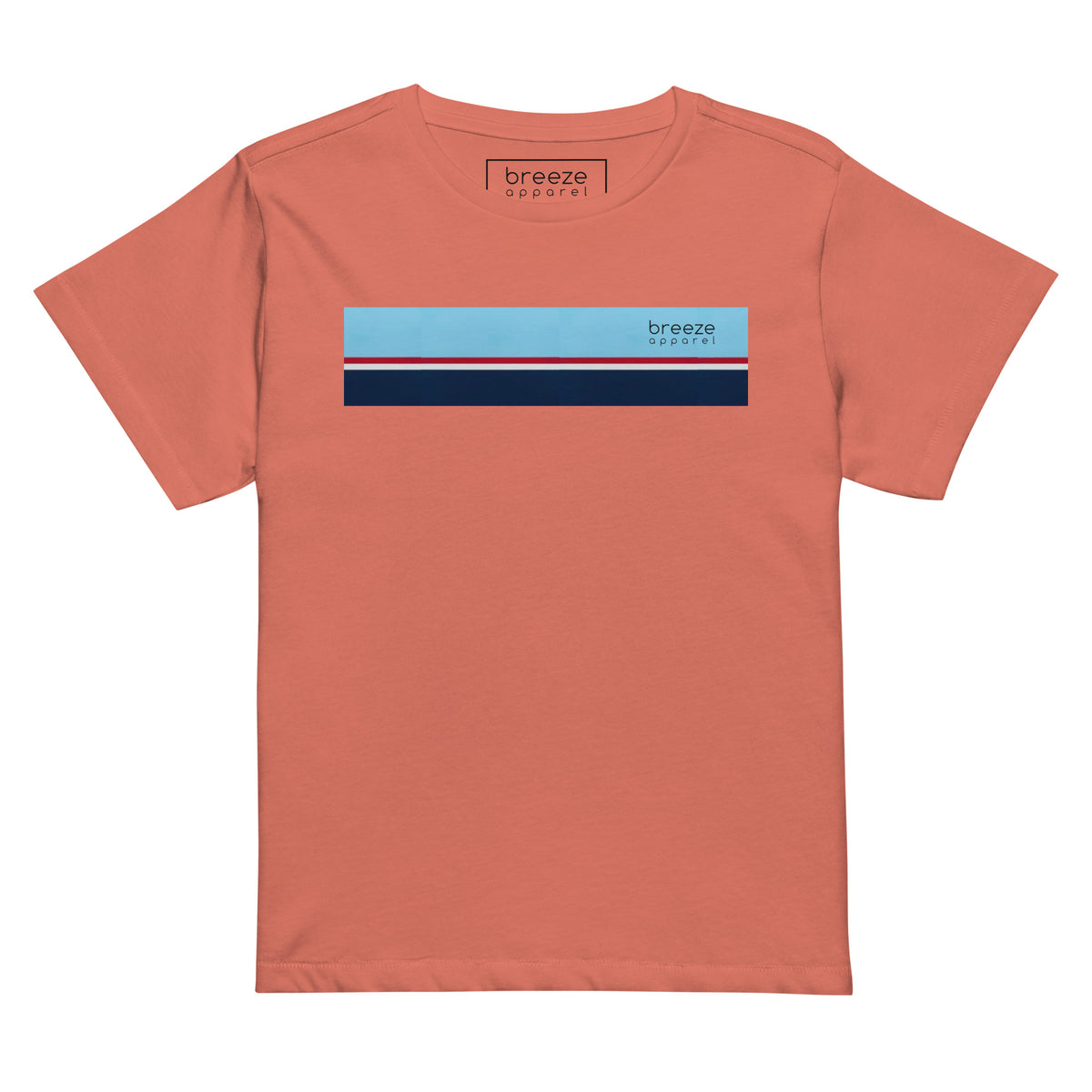 Red-sorbet t-shirt with horizontal blue, red, white, and navy stripe with small black 'breeze apparel' logo.
