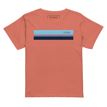 Red-sorbet t-shirt with horizontal blue, red, white, and navy stripe with small black 'breeze apparel' logo.