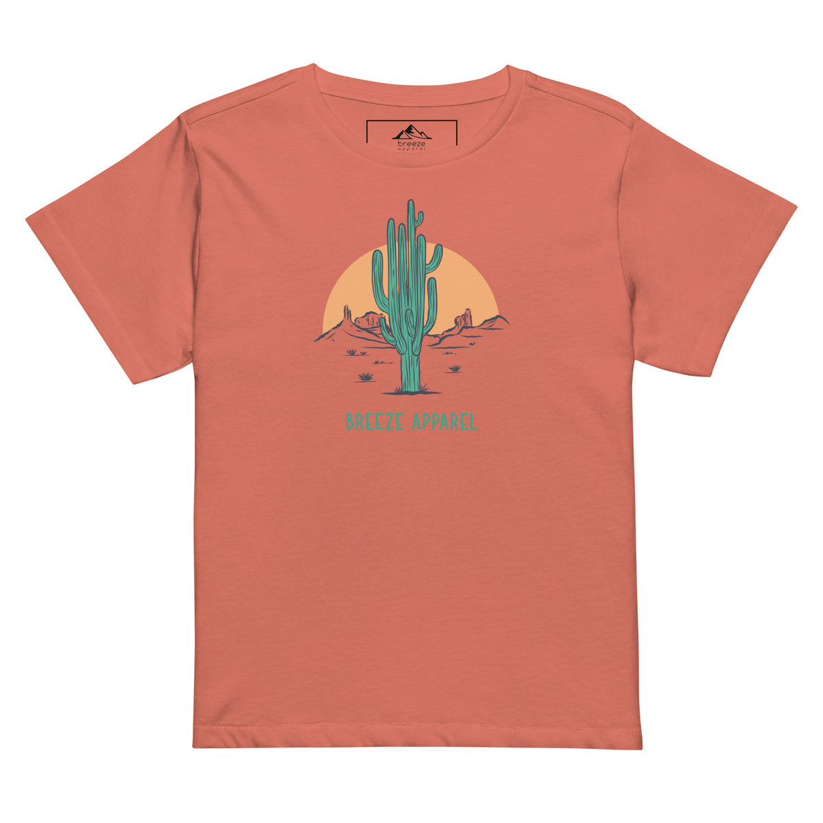 Red-sorbet t-shirt with a graphic of a cactus and sunset, with 'Breeze Apparel' written in green below.