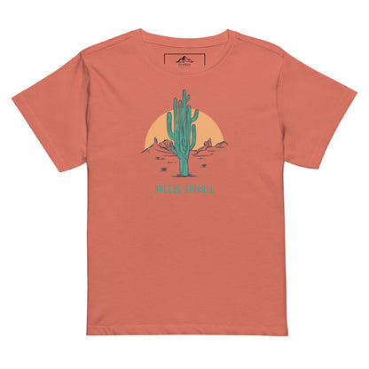 Red-sorbet t-shirt with a graphic of a cactus and sunset, with 'Breeze Apparel' written in green below.