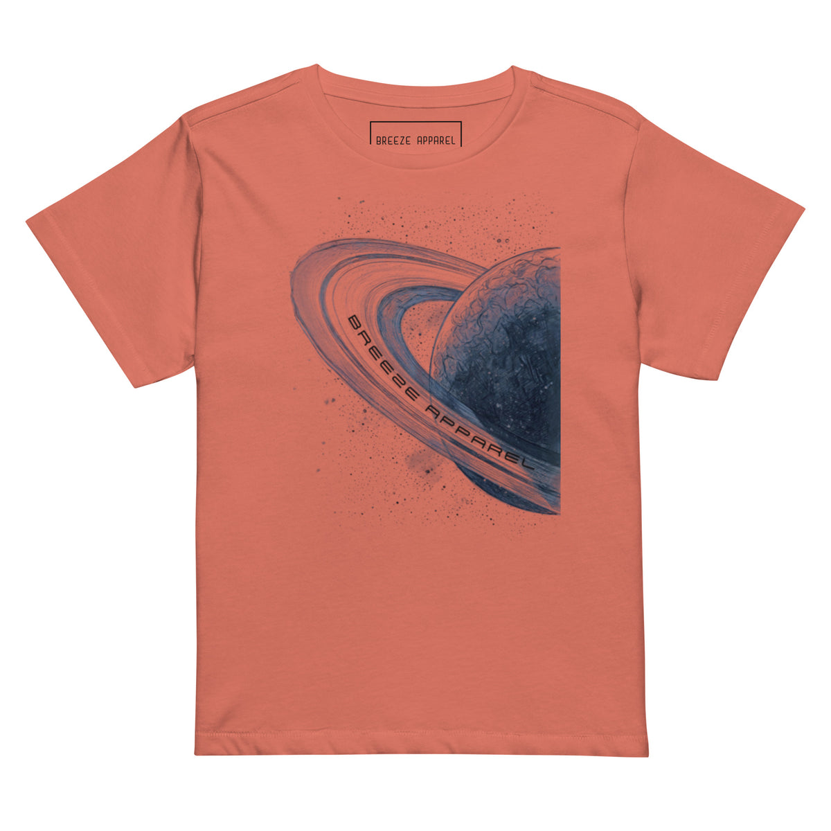 Orange t-shirt with graphic of blue planet.