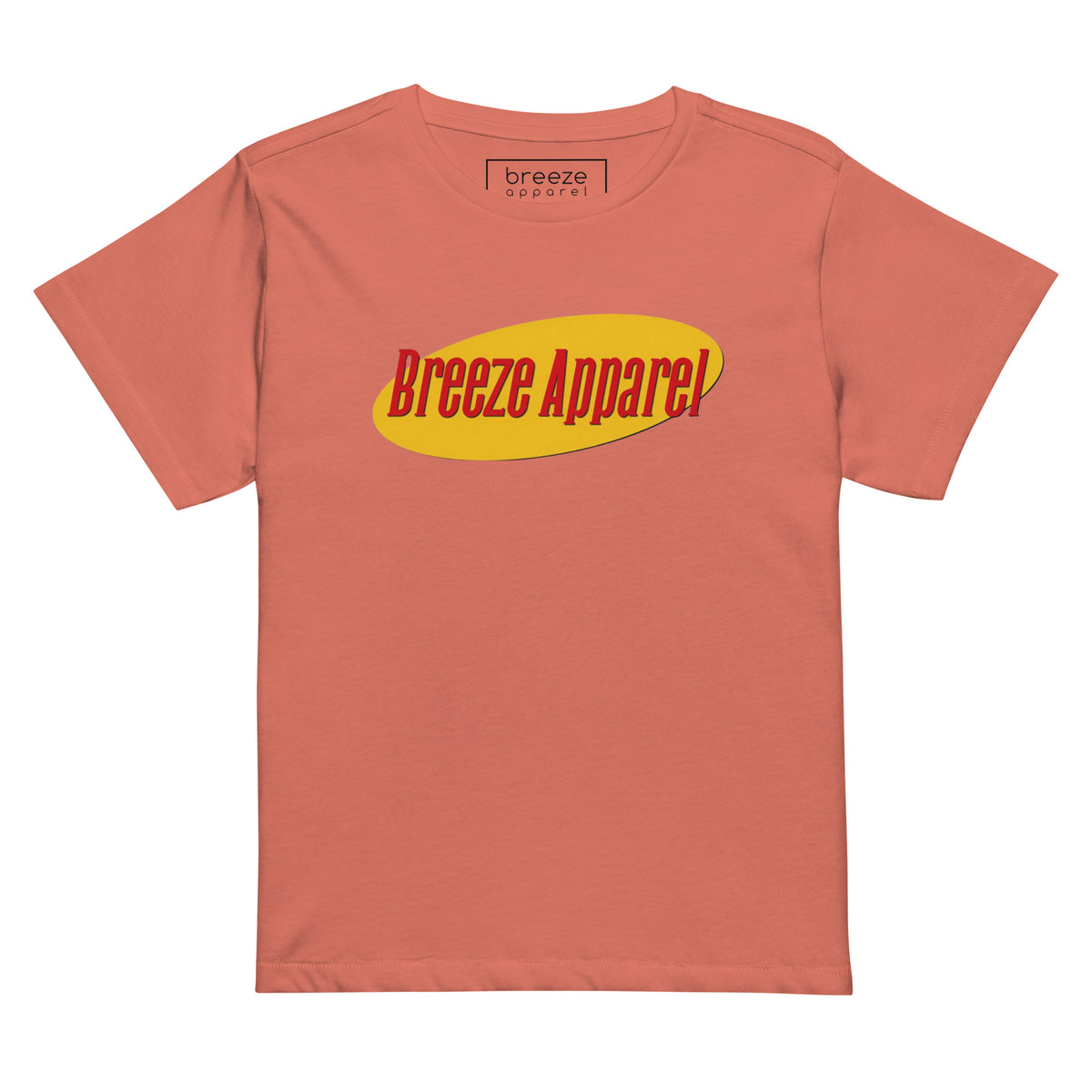 Orange t-shirt with red lettering over yellow oval.