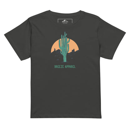 Vintage-black t-shirt with a graphic of a cactus and sunset, with 'Breeze Apparel' written in green below.