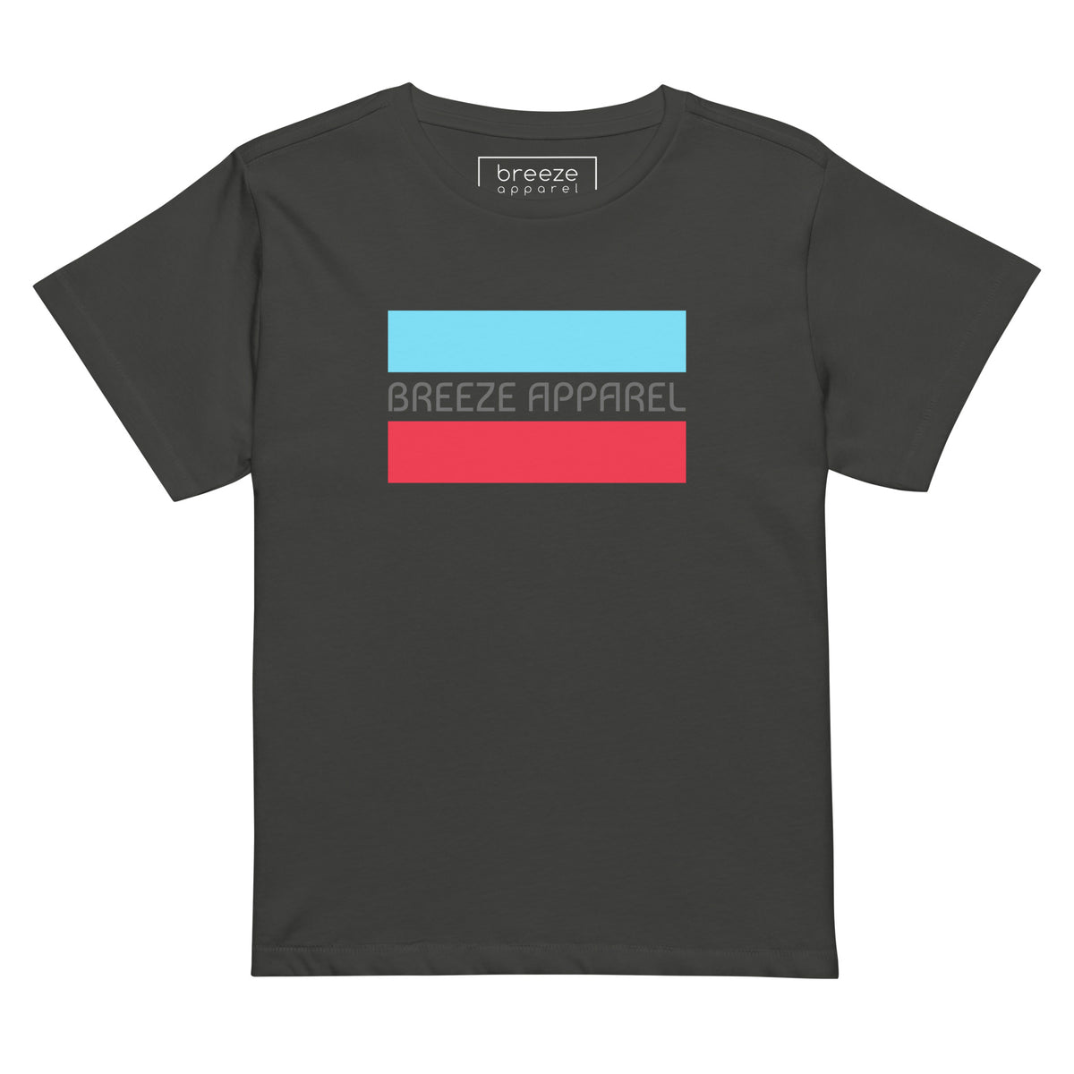 Vintage-black t-shirt with gray 'Breeze Apparel' logo between horizontal bars, the top being light blue and the bottom being red.