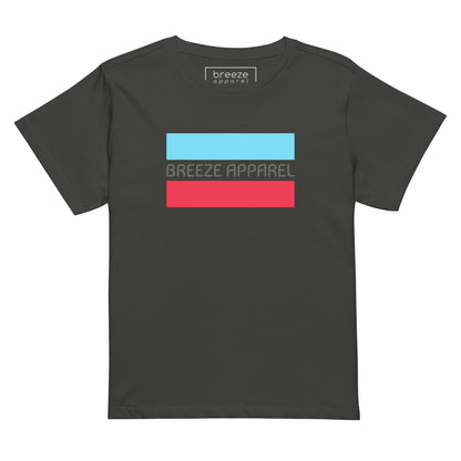 Vintage-black t-shirt with gray 'Breeze Apparel' logo between horizontal bars, the top being light blue and the bottom being red.