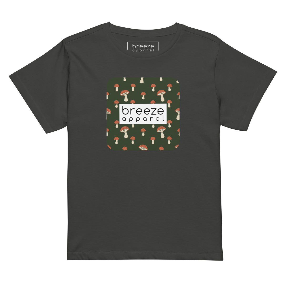 Dark-gray t-shirt with design of mushrooms set on green background and overlaid with a white rectangle with 'breeze apparel' in black inside.