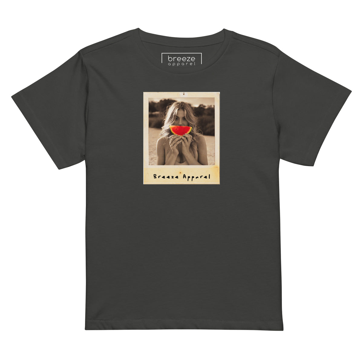 Dark-gray t-shirt with graphic of woman holding a watermelon slice in front of her mouth.
