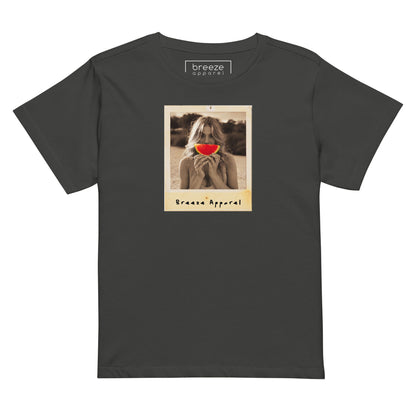 Dark-gray t-shirt with graphic of woman holding a watermelon slice in front of her mouth.
