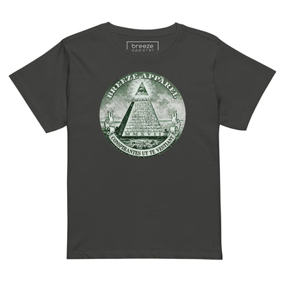 Gray t-shirt with graphic resembling pyramid on US one-dollar bill.