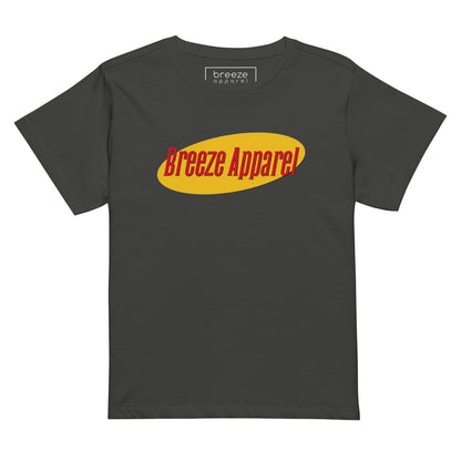 Gray t-shirt with red lettering over yellow oval.