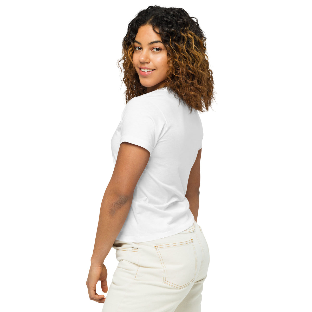 Rear view of woman wearing white t-shirt