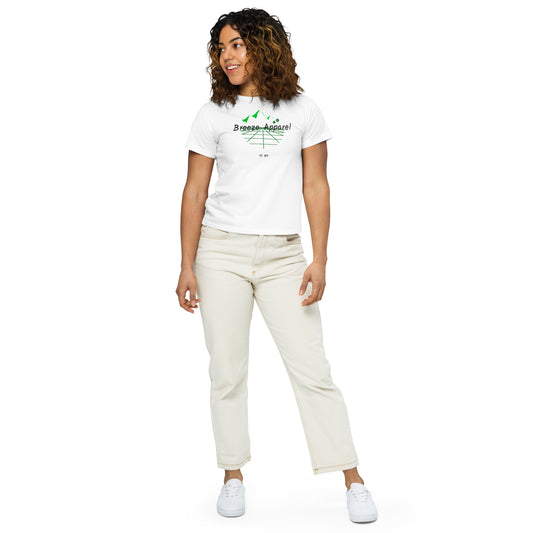 Woman wearing white t-shirt with 'Breeze Apparel' logo set on a graphic of a grid, palm trees, and mountains.