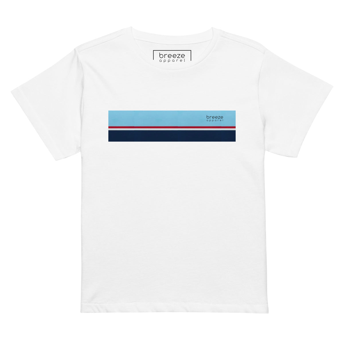 White t-shirt with horizontal blue, red, white, and navy stripe with small black 'breeze apparel' logo.