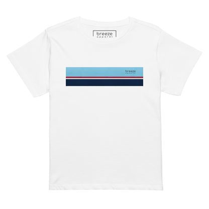 White t-shirt with horizontal blue, red, white, and navy stripe with small black 'breeze apparel' logo.