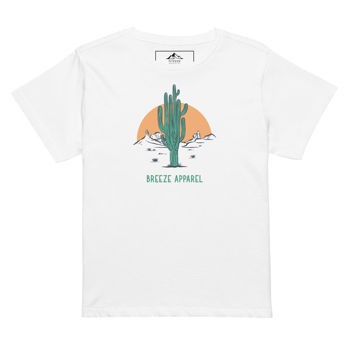 White t-shirt with a graphic of a cactus and sunset, with 'Breeze Apparel' written in green below.