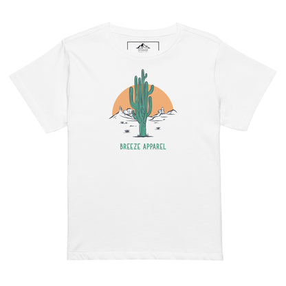 White t-shirt with a graphic of a cactus and sunset, with 'Breeze Apparel' written in green below.