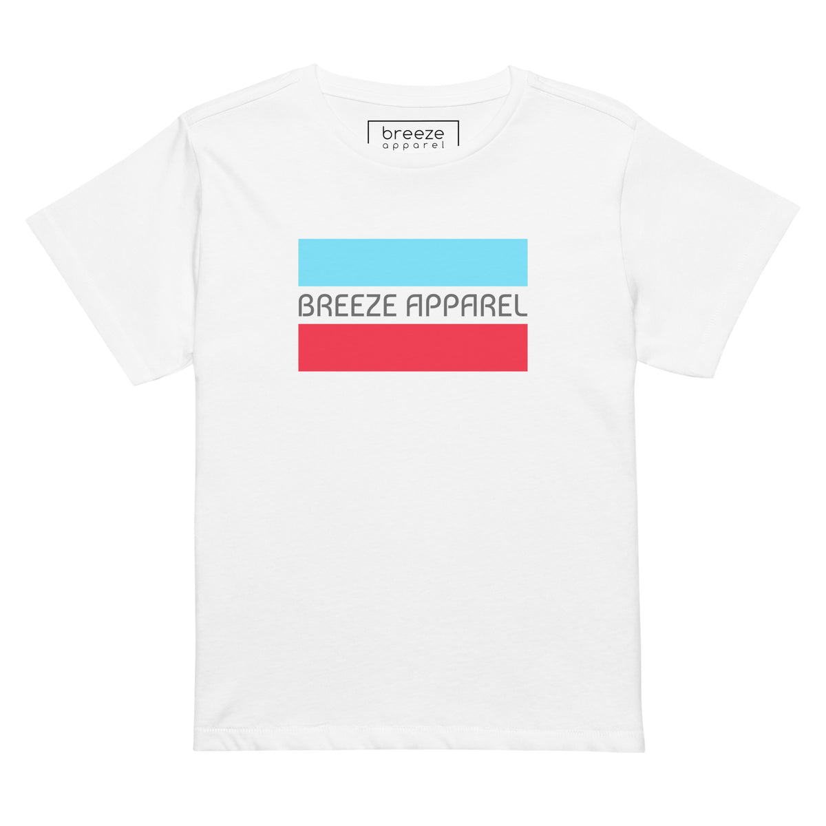 White t-shirt with gray 'Breeze Apparel' logo between horizontal bars, the top being light blue and the bottom being red.