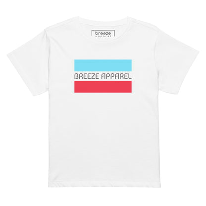 White t-shirt with gray 'Breeze Apparel' logo between horizontal bars, the top being light blue and the bottom being red.