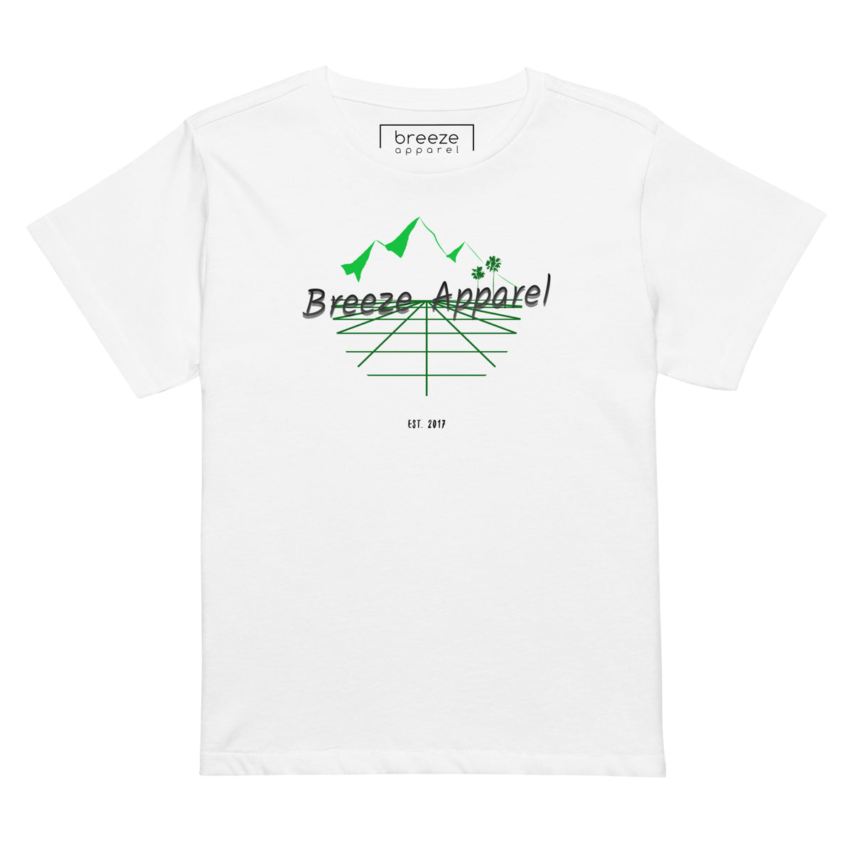 White t-shirt with 'Breeze Apparel' logo set on a graphic of a grid, palm trees, and mountains.