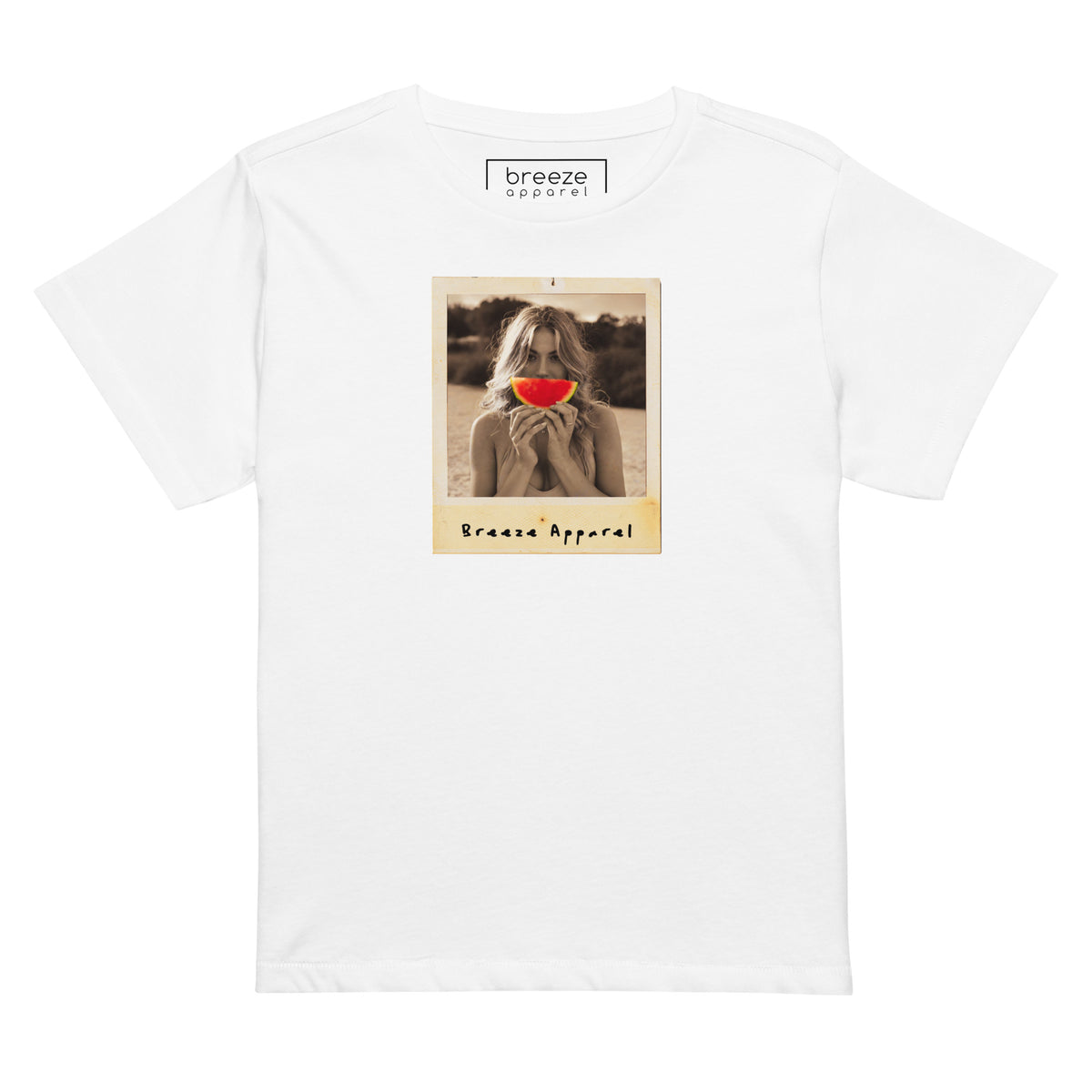 White t-shirt with graphic of woman holding a watermelon slice in front of her mouth.