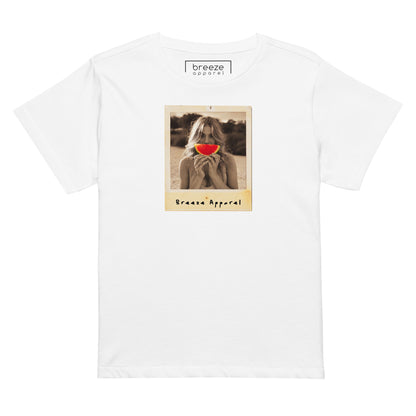 White t-shirt with graphic of woman holding a watermelon slice in front of her mouth.