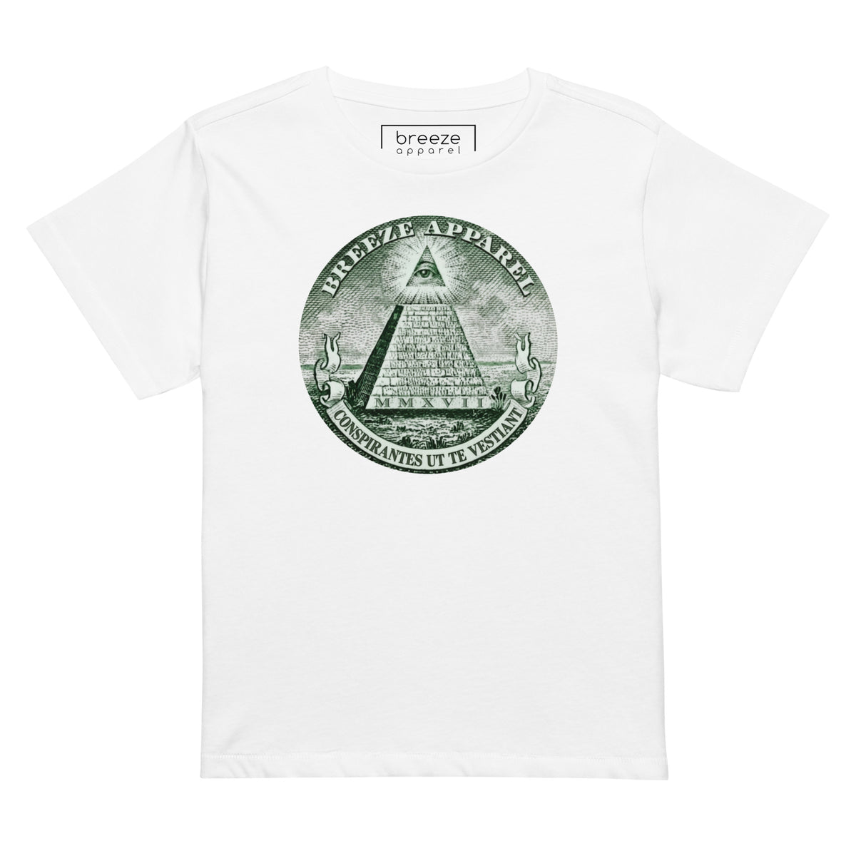 White t-shirt with graphic resembling pyramid on US one-dollar bill.