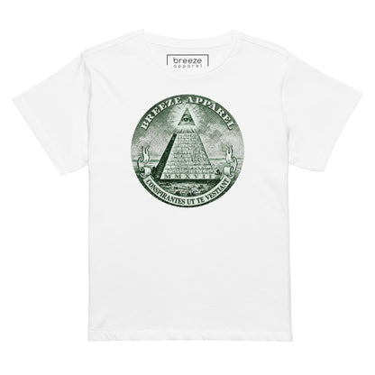 White t-shirt with graphic resembling pyramid on US one-dollar bill.