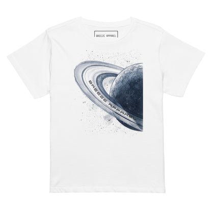 White t-shirt with graphic of blue planet.