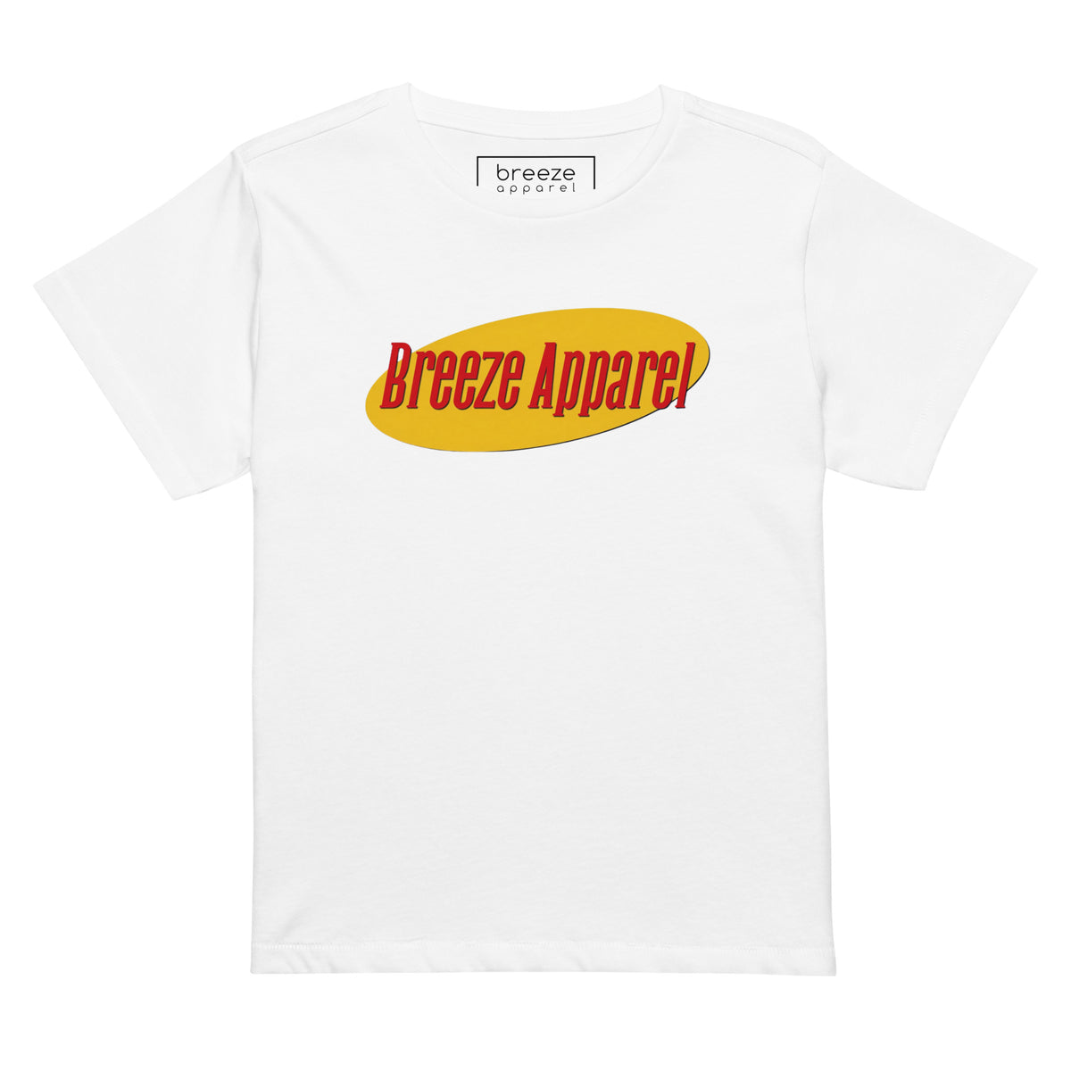 White t-shirt with red lettering over yellow oval.