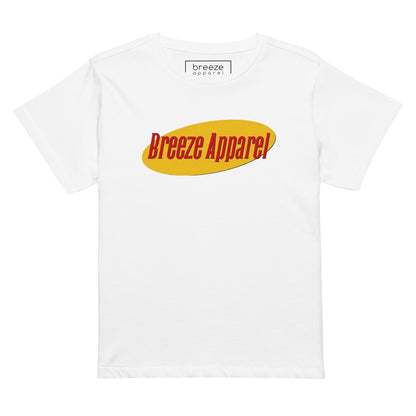 White t-shirt with red lettering over yellow oval.