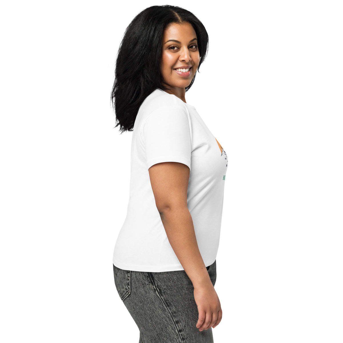 Side view of woman wearing white t-shirt