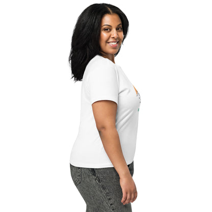 Side view of woman wearing white t-shirt