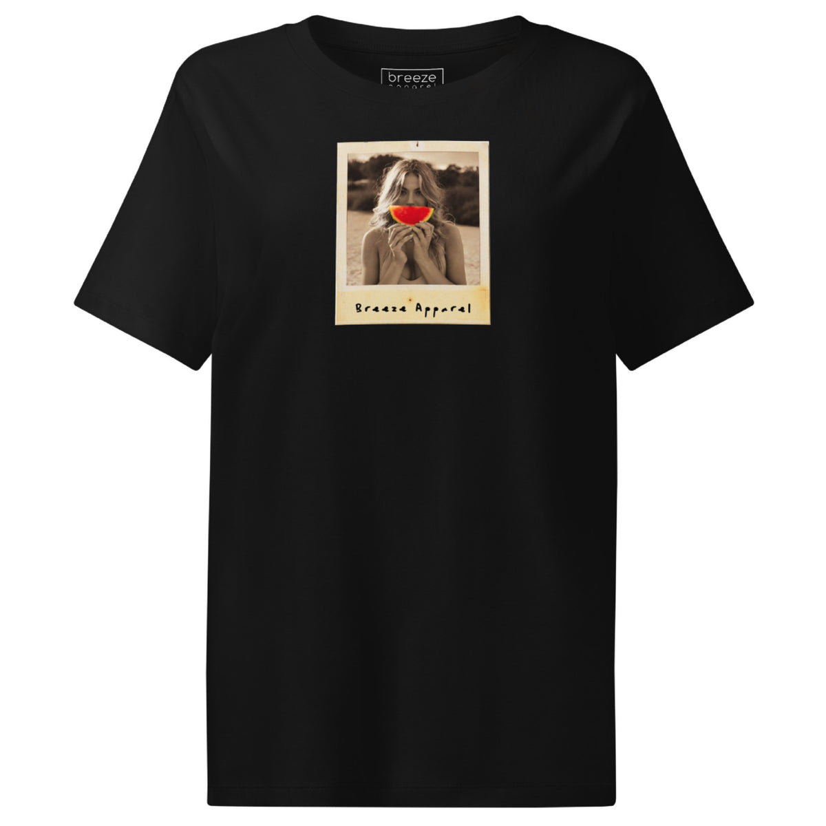 Black t-shirt with graphic of woman holding a watermelon slice in front of her mouth.